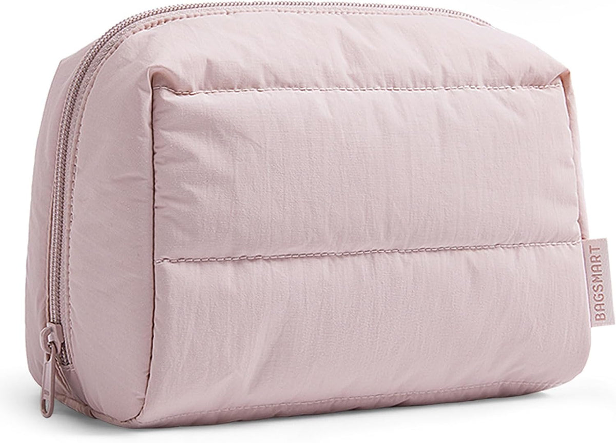BAGSMART Small Makeup Bag, Puffy Wide-open Zipper Cosmetic Pouch, Pink