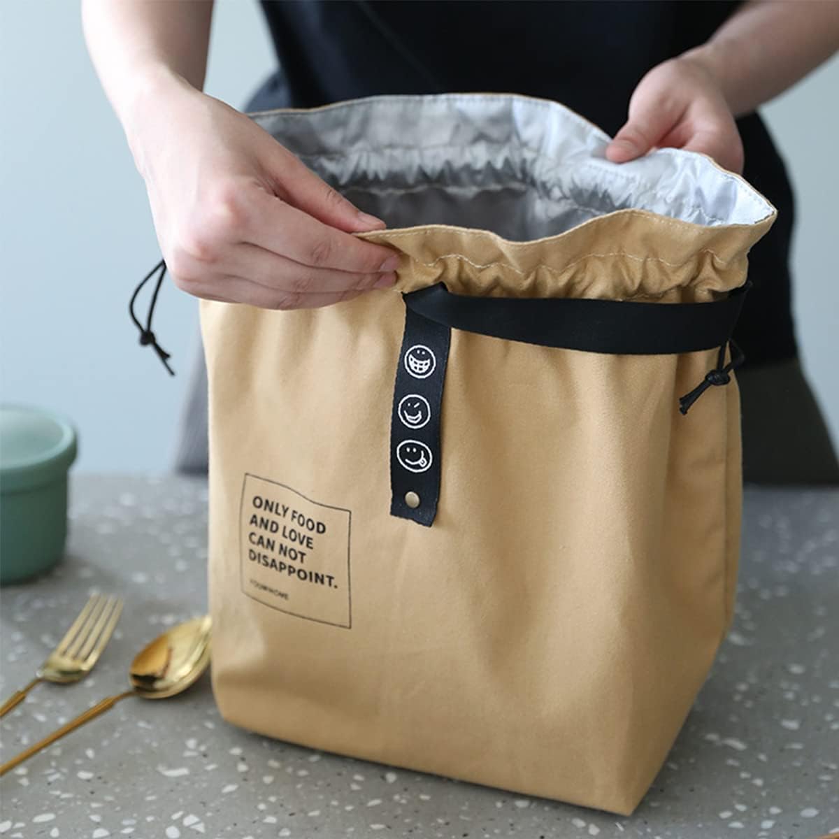 Canvas Drawstring Lunch Bag Insulated Lunch Bento Tote Bag Reusable Lunch Bag with Handle and Drawstring Closure for Women Work Picnic or Travel (COLOR1)