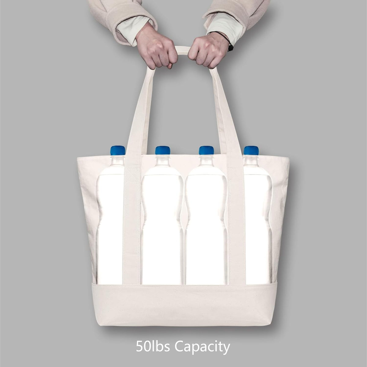 TOPDesign 1-Pack Canvas Tote Bag with an External Pocket, Reusable Grocery Shopping Bag, Top Zipper Closure, Daily Essentials (Natural)