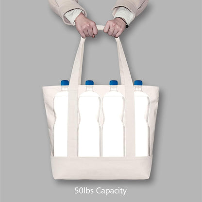 TOPDesign 1-Pack Canvas Tote Bag with an External Pocket, Reusable Grocery Shopping Bag, Top Zipper Closure, Daily Essentials (Natural)