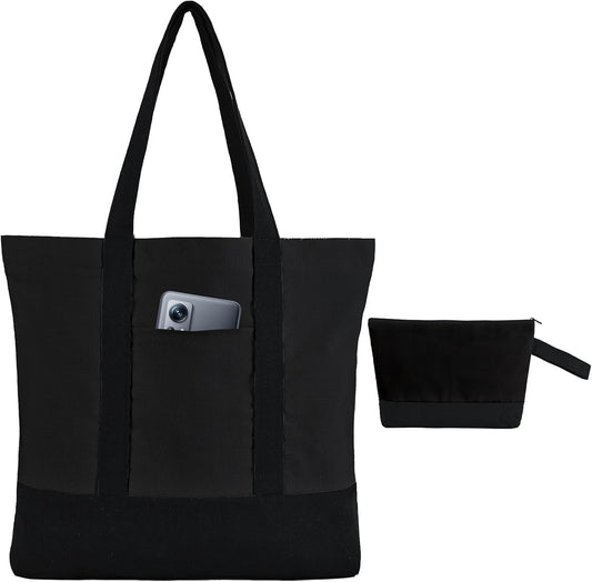 2-Pack Canvas Tote Bags and Makeup Bags, Cotton Zipper Bag, All Black