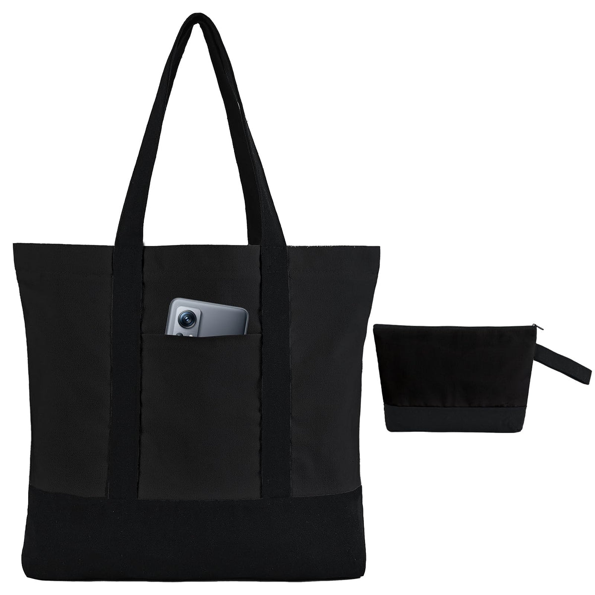 2-Pack Canvas Tote Bags and Makeup Bags, Cotton Zipper Bag, All Black