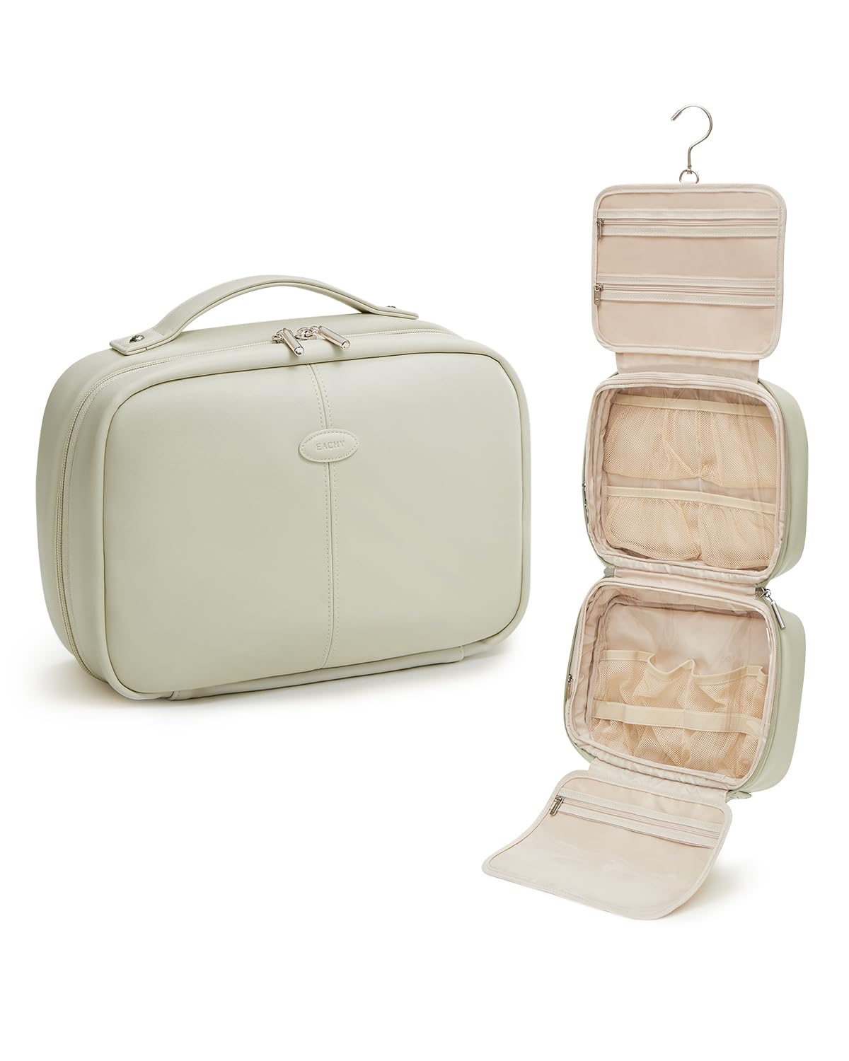 EACHY Toiletry Bag with Hanging Hook, Travel Makeup Bag PU Leather Cosmetic Bags for Women Make Up Organizer with 4 Compartments Waterproof Full-Size Portable Travel Essentials (Beige)