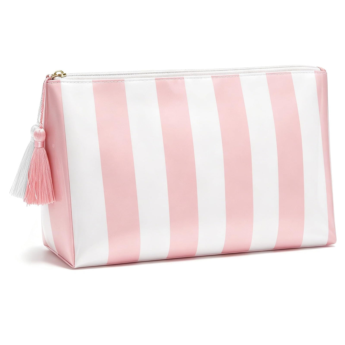 Preppy Stripe Clear Travel Makeup Bag, Waterproof Glossy PVC Cosmetic Organizer with Handle, Large Capacity Toiletry Bag for Women,Travel Organizer Zipper Pouch Beach Vacation Essentials (Pink White)