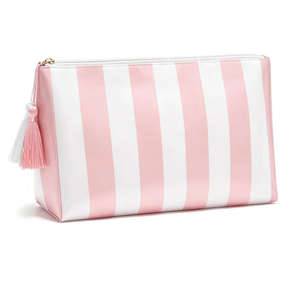Preppy Stripe Clear Travel Makeup Bag, Waterproof Glossy PVC Cosmetic Organizer with Handle, Large Capacity Toiletry Bag for Women,Travel Organizer Zipper Pouch Beach Vacation Essentials (Pink White)