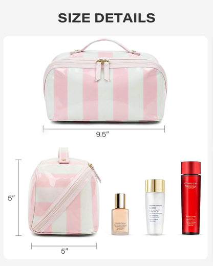 Preppy Stripe Clear Travel Makeup Bag, Waterproof Glossy PVC Cosmetic Organizer with Handle, Large Capacity Toiletry Bag for Women,Travel Organizer Zipper Pouch Beach Vacation Essentials (Pink White)