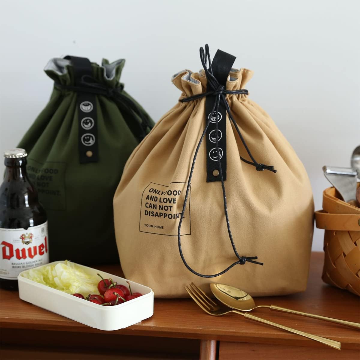 Canvas Drawstring Lunch Bag Insulated Lunch Bento Tote Bag Reusable Lunch Bag with Handle and Drawstring Closure for Women Work Picnic or Travel (COLOR1)