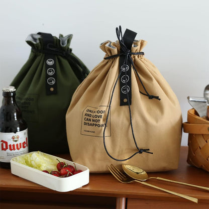 Canvas Drawstring Lunch Bag Insulated Lunch Bento Tote Bag Reusable Lunch Bag with Handle and Drawstring Closure for Women Work Picnic or Travel (COLOR1)