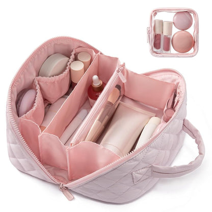 LOVEVOOK Travel Makeup Bag for Women, 2Pcs Puffer Waterproof Cosmetic Organizer, Large Capacity Pouch Open Flat Small Toiletry Bag with Brush Compartment & Handle (Pink, Medium)