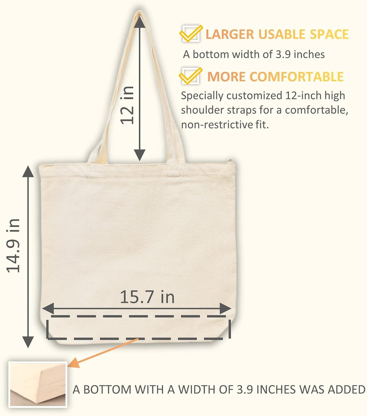 Canvas Tote Bag, Pockets, Zipper, Durable, Lightweight, Cotton Shopping Cloth Bag, Gifts