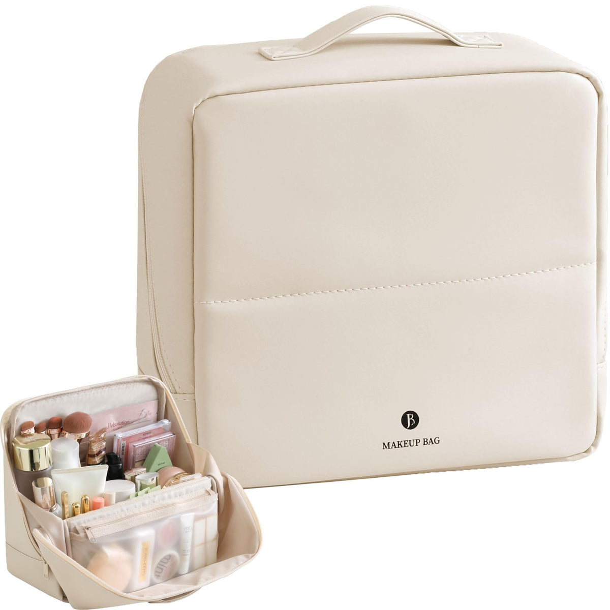 tianzong Travel Makeup Bag with Magnetic Fold-Down Flap, Waterproof Leather Cosmetic and Toiletry Organizer for Women, Multi-Zone Standing Storage, Dusty Rose, X-Large