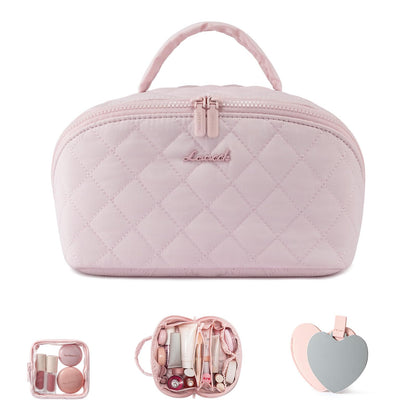 LOVEVOOK Travel Makeup Bag for Women, 2Pcs Puffer Waterproof Cosmetic Organizer, Large Capacity Pouch Open Flat Small Toiletry Bag with Brush Compartment & Handle (Pink, Medium)
