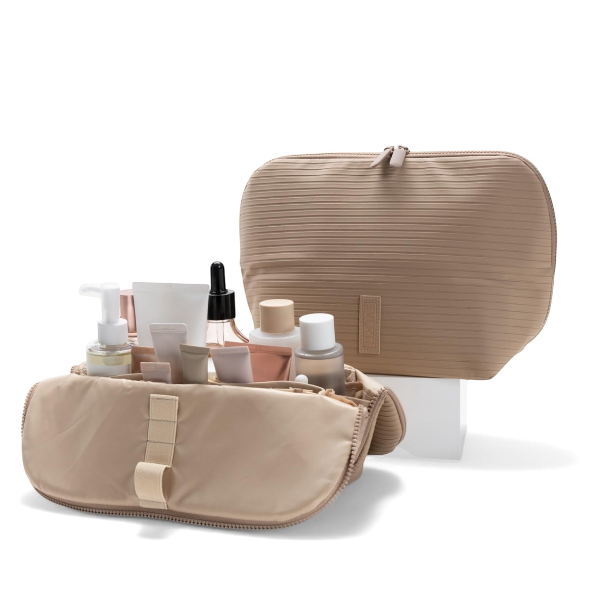 THE VERTI-Vertical Waterproof Makeup & Toiletry Bag | 23-Pocket Organizer with Upright, Fold-Down Design for Skincare, Toiletries & Essentials (Sandstone)