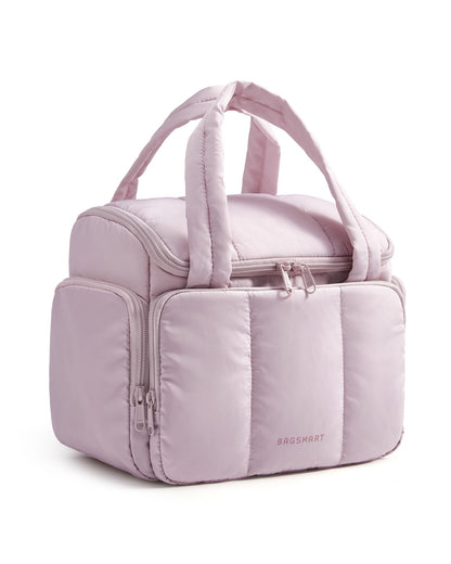 BAGSMART Toiletry Bag for Women with Dual-Padded Handles, Puffy Lightweight Makeup Bag for Makeup Accessories, Brushes Set, Travel-Sized Container, Camel