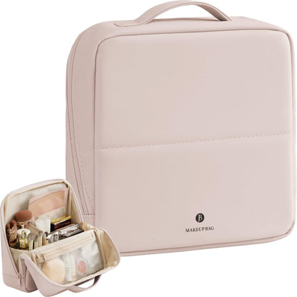 tianzong Travel Makeup Bag with Magnetic Fold-Down Flap, Waterproof Leather Cosmetic and Toiletry Organizer for Women, Multi-Zone Standing Storage, Dusty Rose, X-Large