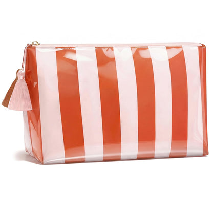 Preppy Stripe Clear Travel Makeup Bag, Waterproof Glossy PVC Cosmetic Organizer with Handle, Large Capacity Toiletry Bag for Women,Travel Organizer Zipper Pouch Beach Vacation Essentials (Pink White)