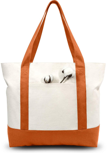 TOPDesign 1-Pack Canvas Tote Bag with an External Pocket, Reusable Grocery Shopping Bag, Top Zipper Closure, Daily Essentials (Brown/Natural)