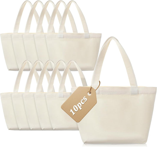 10 Pcs Small Canvas Tote Bags, Lightweight Mini Blank Tote Bag Portable Reusable Grocery Shopping Cloth Bags for DIY, Painting, Welfare Gifts, Advertising (11.8 x 7.8 x 3.9 Inch, Beige)