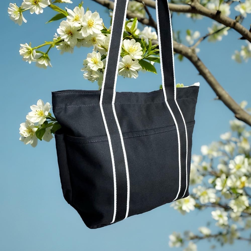16OZ 100% Cotton Canvas Lined Grocery Shopping Diaper Bag Zipper Closure Beach Casual Multi Purpose Tote