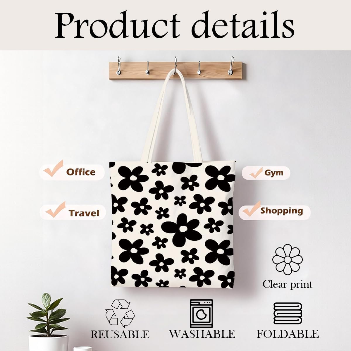 Floral Tote Bag, Soft Aesthetic Canvas Carryall for Daily Shopping Commute