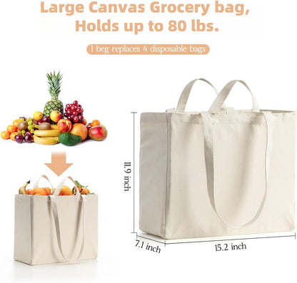 LINICE 3 Pack Canvas Grocery Bags with Long Shoulder Strap and Short Handle