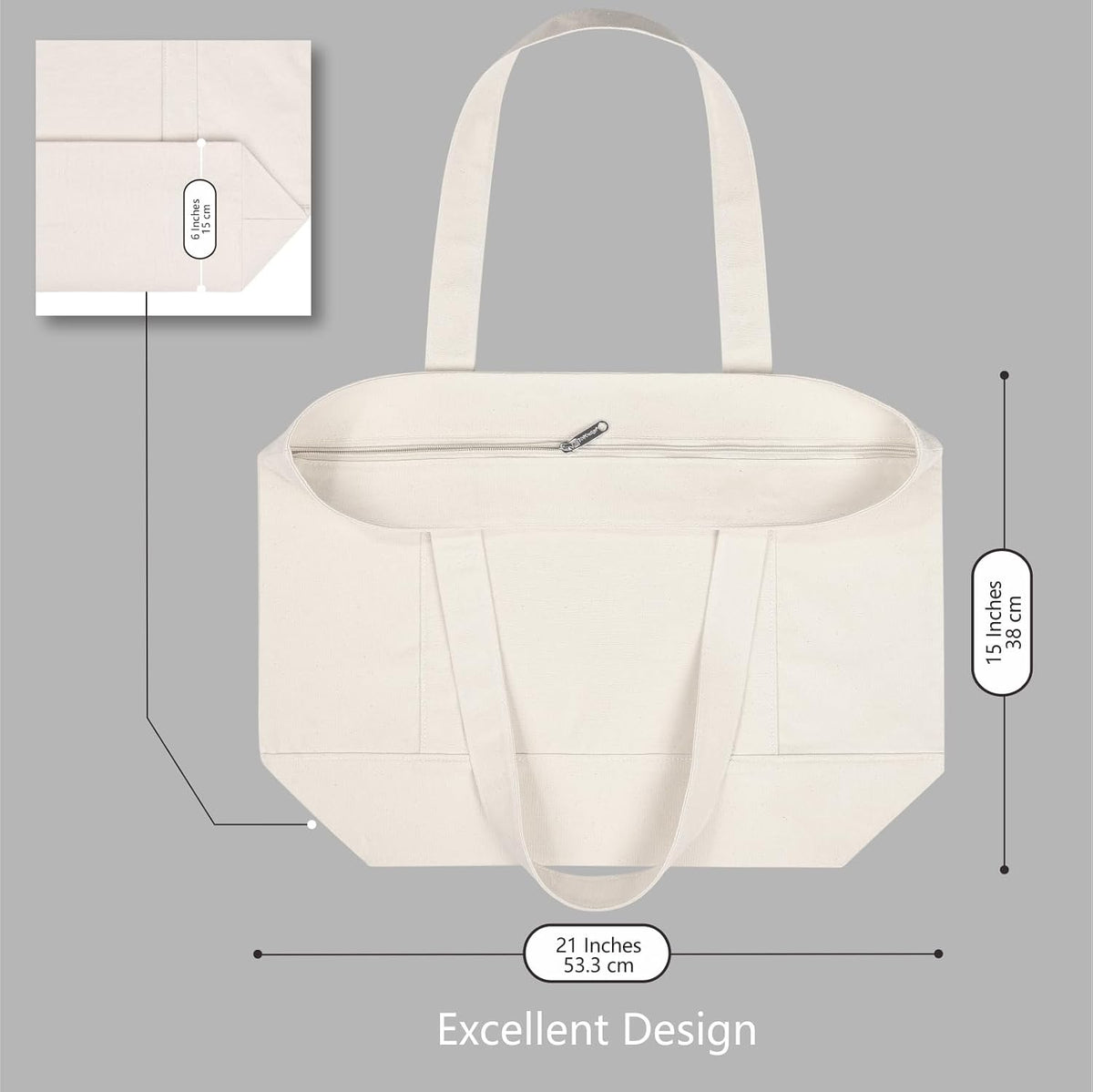 TOPDesign 1-Pack Canvas Tote Bag with an External Pocket, Reusable Grocery Shopping Bag, Top Zipper Closure, Daily Essentials (Natural)