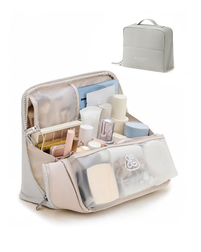EACHY Standing Makeup Bag - Waterproof Cosmetic Bag & Toiletry Bag Organizer with Phone Holder, Detachable Dividers, Wipe-Clean Brush Pouch for Women