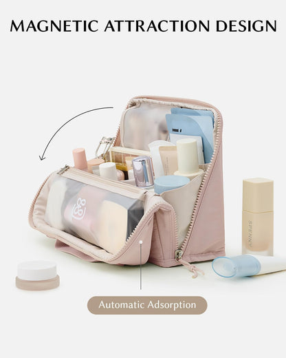 EACHY Standing Makeup Bag - Waterproof Cosmetic Bag & Toiletry Bag Organizer with Phone Holder, Detachable Dividers, Wipe-Clean Brush Pouch for Women
