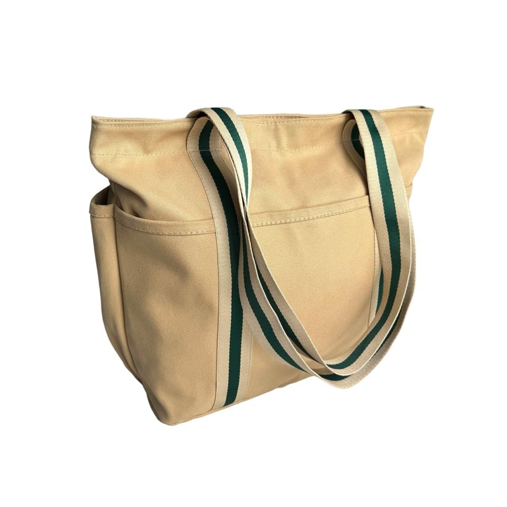 16OZ 100% Cotton Canvas Lined Grocery Shopping Diaper Bag Zipper Closure Beach Casual Multi Purpose Tote