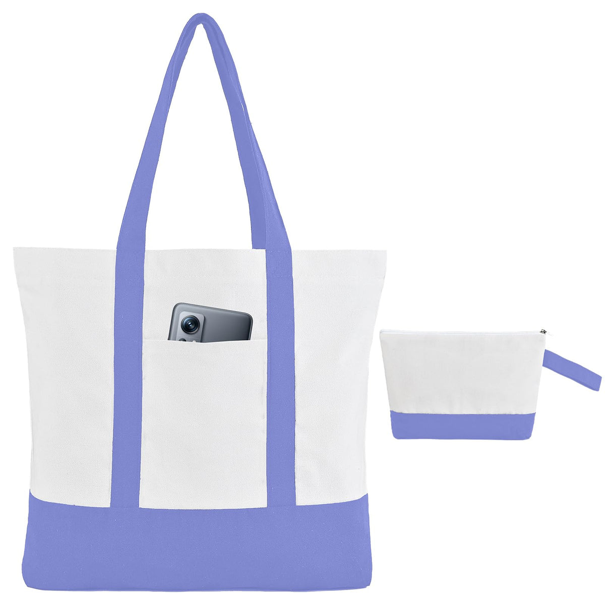 2-Pack Canvas Tote Bags and Makeup Bags, Cotton Zipper Bag, All Black
