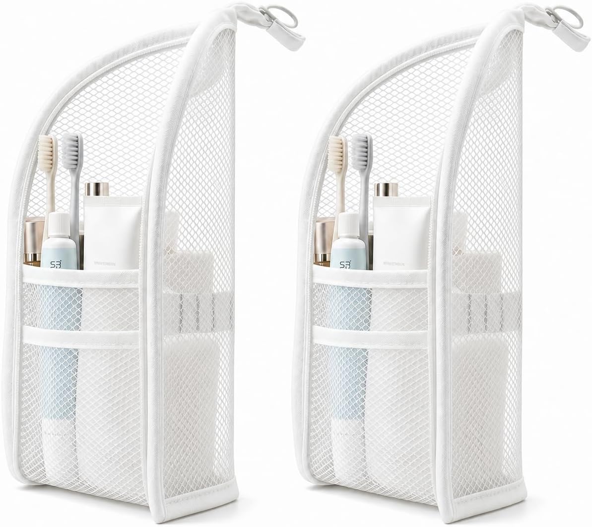 Standing Toiletry Bag,Portable Foldable Hanging Travel Organizer with Zipper and Loop,Mesh Large Capacity Cosmetic Waterproof Bag for Bathroom,Suitcase Packing,Toiletries,Makeup,Skincare (2PC,White)
