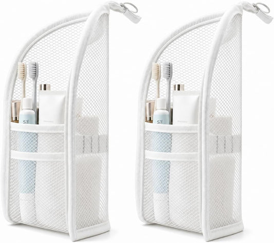 Standing Toiletry Bag,Portable Foldable Hanging Travel Organizer with Zipper and Loop,Mesh Large Capacity Cosmetic Waterproof Bag for Bathroom,Suitcase Packing,Toiletries,Makeup,Skincare (2PC,White)