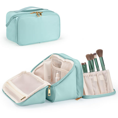 HauteHues Travel Makeup Bag for Women, Large Capacity Cosmetic Organizer & Toiletry Bag with Wide-Open Design, with Brush Holders & Compartments, Waterproof Case for Makeup & Skincare, Black