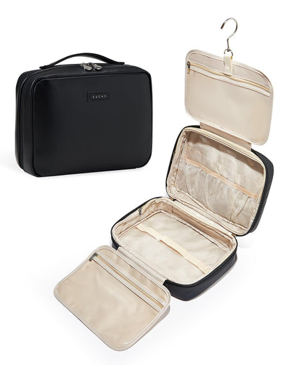EACHY Toiletry Bag with Hanging Hook, Travel Makeup Bag PU Leather Cosmetic Bags for Women Make Up Organizer with 4 Compartments Waterproof Full-Size Portable Travel Essentials (Beige)