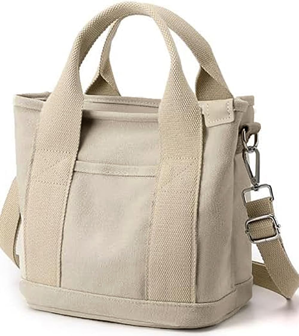 Small Tote Bag with Zipper, Canvas Multi-Pocket Crossbody Bag Shoulder Bag Satchel Hobo Bag