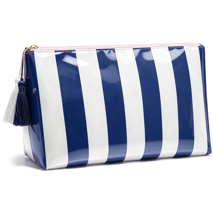 Preppy Stripe Clear Travel Makeup Bag, Waterproof Glossy PVC Cosmetic Organizer with Handle, Large Capacity Toiletry Bag for Women,Travel Organizer Zipper Pouch Beach Vacation Essentials (Pink White)