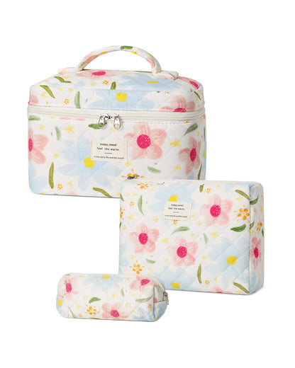 Gosect Makeup Bag Set, Quilted Makeup Bags, Large Floral Cosmetic Bag for Women, Cute Cotton Makeup Bags, Flower Travel Toiletry Organizer Bag (Folk Style)