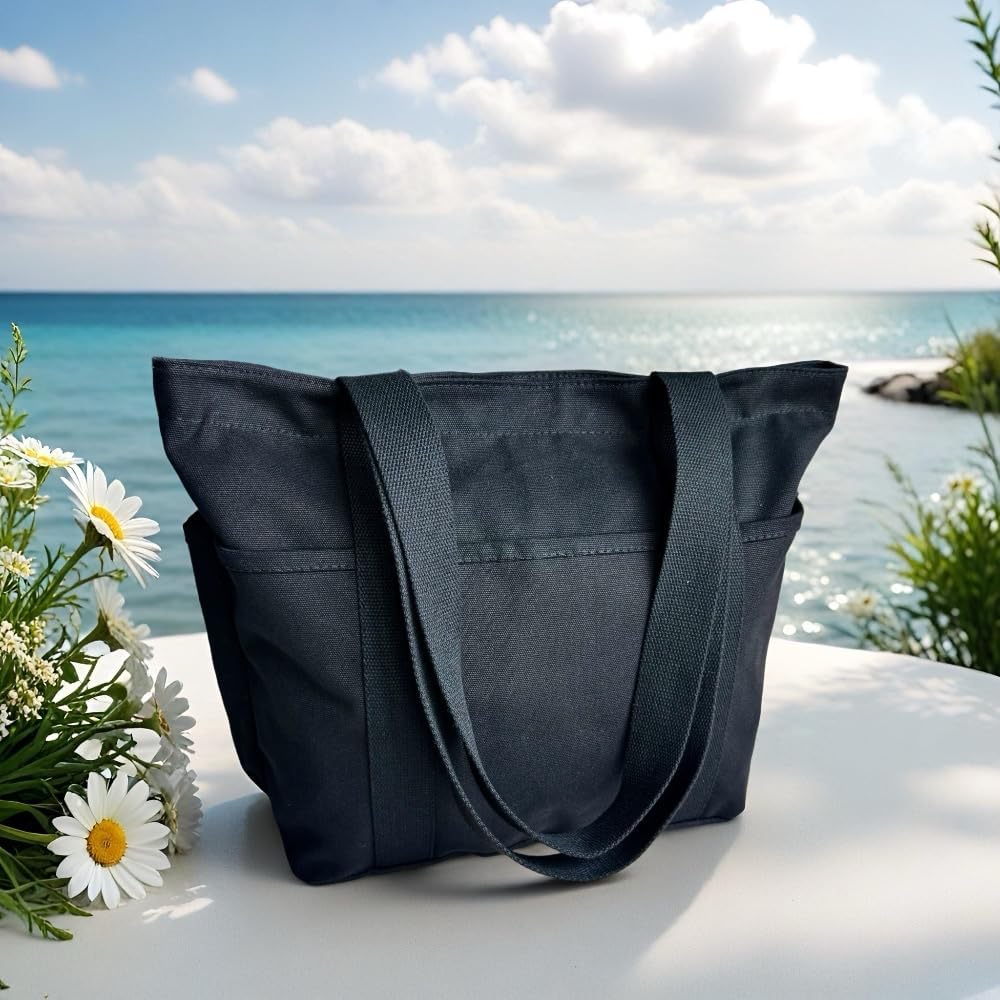 16OZ 100% Cotton Canvas Lined Grocery Shopping Diaper Bag Zipper Closure Beach Casual Multi Purpose Tote