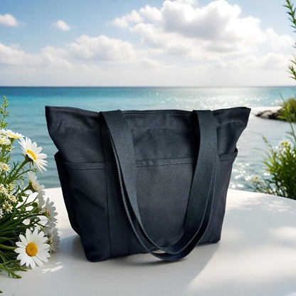 16OZ 100% Cotton Canvas Lined Grocery Shopping Diaper Bag Zipper Closure Beach Casual Multi Purpose Tote