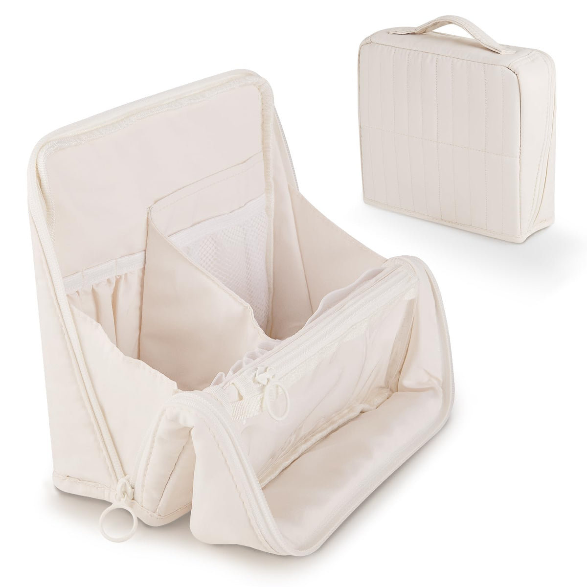 Abiudeng Standing Travel Makeup Bag Stand up Make up Bag Travel Toiletry Bag with Multiple Compartments Large Capacity for Women Business Trips Fitness and Daily Commutes (White)