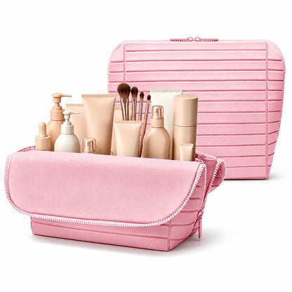 Travel Makeup Organizer Bag with Fold-Down Design and Adjustable Dividers, 27 Pockets & 3 Brush Storage Holders, Large Capacity Cosmetic Bags Toiletry Case - White
