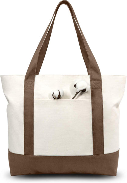TOPDesign 1-Pack Canvas Tote Bag with an External Pocket, Reusable Grocery Shopping Bag, Top Zipper Closure, Daily Essentials (Brown/Natural)