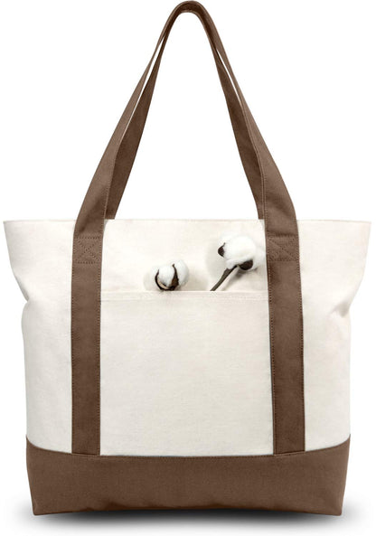 TOPDesign 1 | 3 | 6 | 30 Pack Canvas Tote Bag with an External Pocket, Reusable Grocery Shopping Bag, Top Zipper Closure, Daily Essentials (Black/Natural Pack of 1)