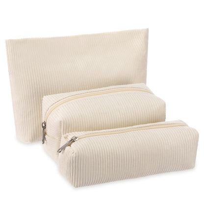 Huhumy 3 Pcs Corduroy Makeup Bag Set for Women, Pink, Solid Style