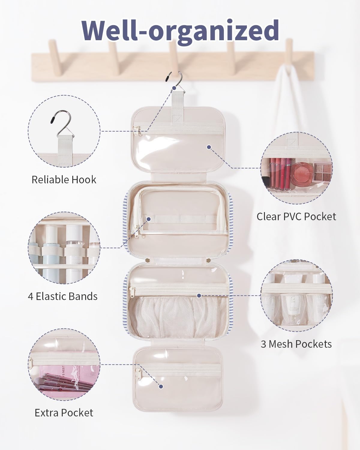Narwey Hanging Travel Toiletry Bag for Women, Cosmetic Makeup Bag Organizer