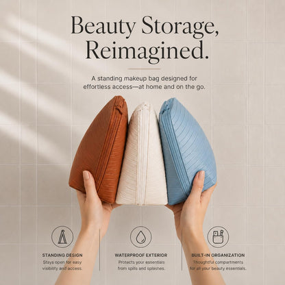 APT 1101 Standing Foldable Makeup Bag for Travel, Vertical Folding Down Design, Organized Cosmetic & Skincare Bag
