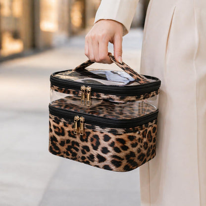 Double-layer Cosmetic Bag Makeup Bag Travel Makeup Bag Makeup Bags for Women Cosmetics Cases Portable Waterproof Foldable (Leopard)