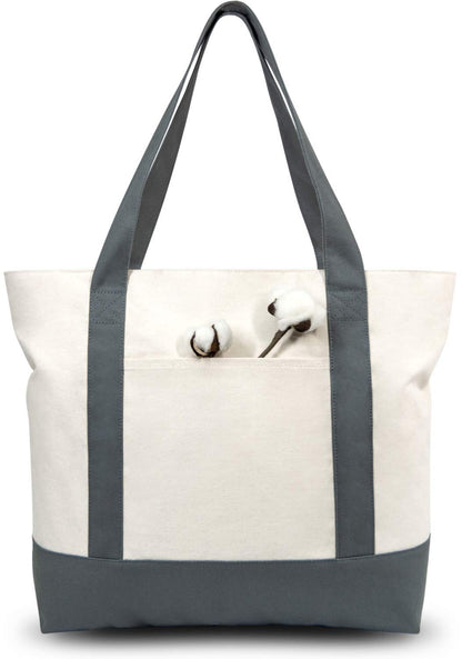 TOPDesign 1-Pack Canvas Tote Bag with an External Pocket, Reusable Grocery Shopping Bag, Top Zipper Closure, Daily Essentials (Natural)