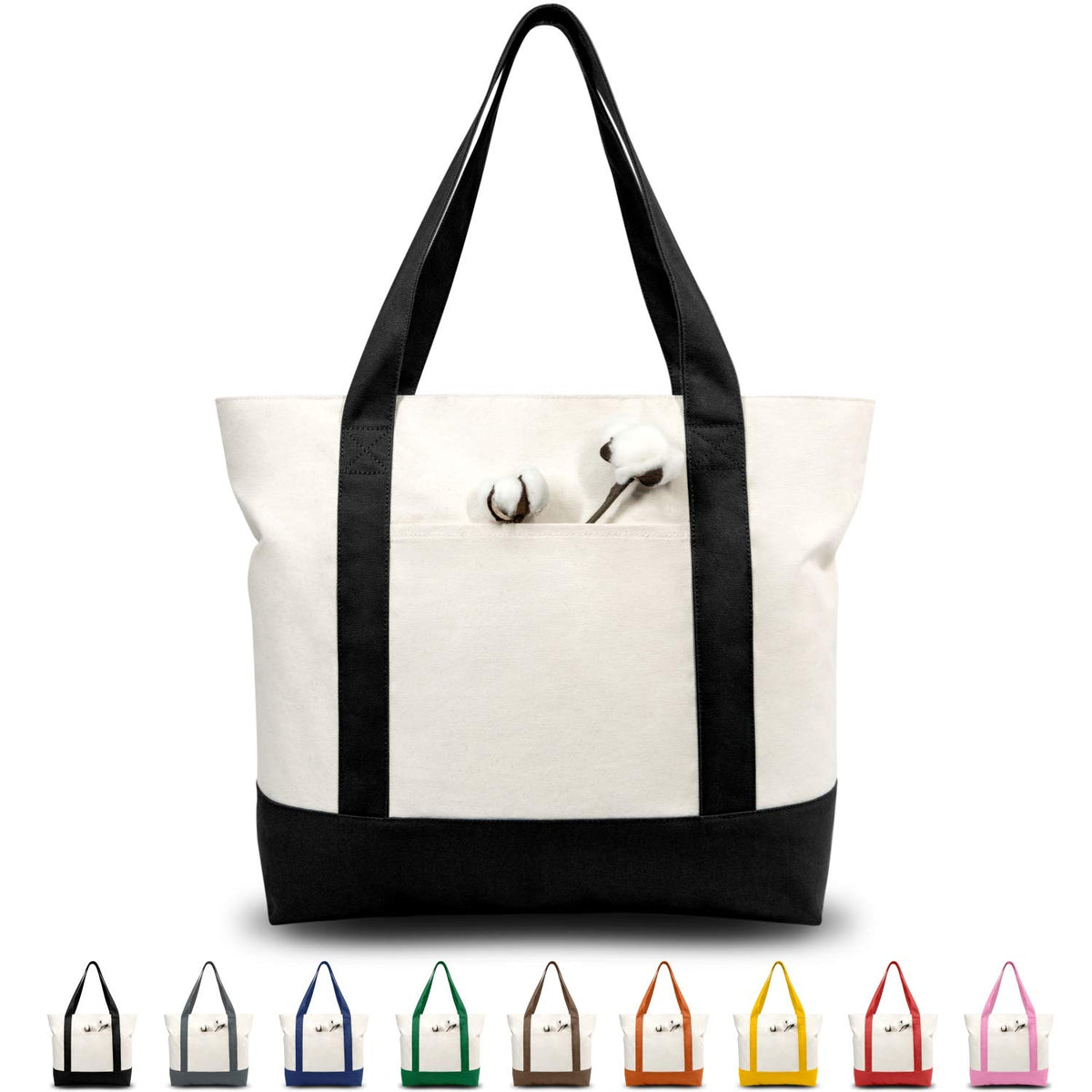 TOPDesign 1-Pack Canvas Tote Bag with an External Pocket, Reusable Grocery Shopping Bag, Top Zipper Closure, Daily Essentials (Brown/Natural)