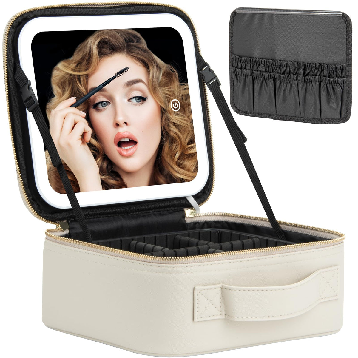 Extrei Gent Makeup Travel Train Case with Mirror LED Light 3 Adjustable Brightness Large Cosmetic Bag Portable Storage Adjustable Partition Waterproof Makeup Brushes Make up Jewelry Gift for Women